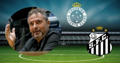 Alexandre Mattos e logo dos times (Foto: Reprodução / Cruzeiro / Santos / Canva / Instagram @oficialalexandremattos)