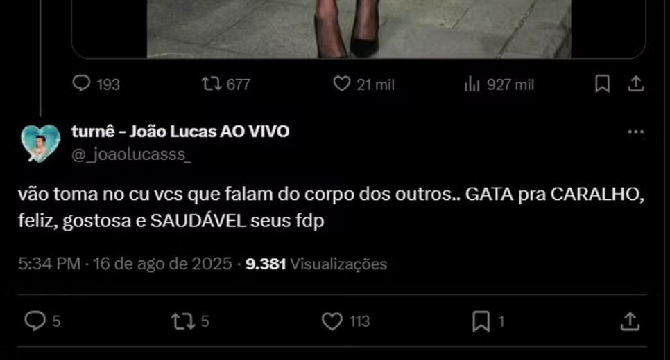 João Lucas se revoltou com quem falou do corpo de Sasha (Foto: Reprodução/ Internet)