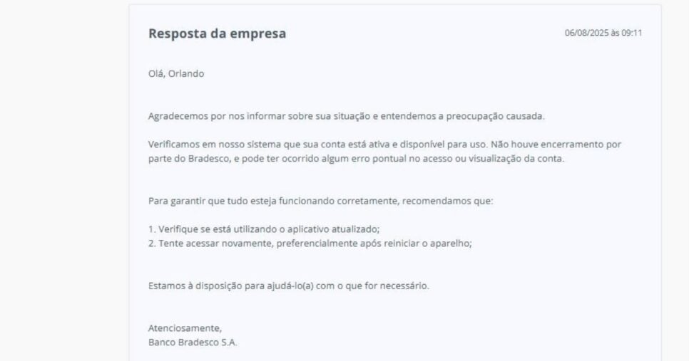 Resposta do Bradesco (Foto Reprodução/Reclame Aqui)