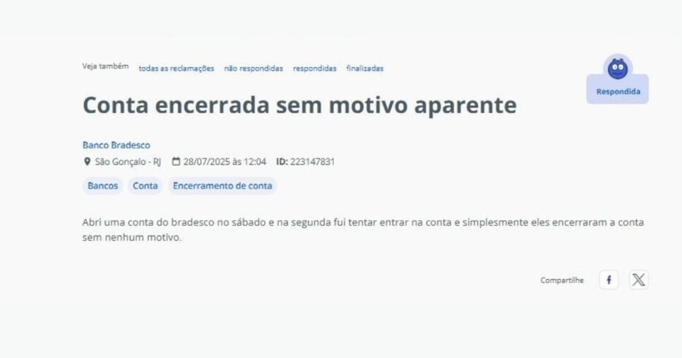 Denúncia feita por um cliente quanto a um cancelamento de conta (Foto Reprodução/Reclame Aqui)