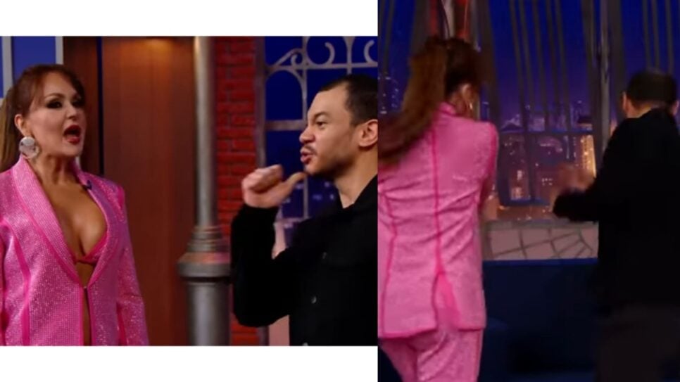 Gaby Spanic afunda a cara de Igor Guimarães ao simular tapa de novela mexicana (Foto: Reprodução/ SBT/ Montagem)