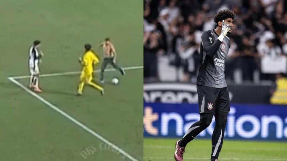 Hugo Souza, goleiro do Corinthians, é gredido por chute de torcedor que invadiu campo (Foto: Reprodução/ YouTube/ Instagram/ Montagem)