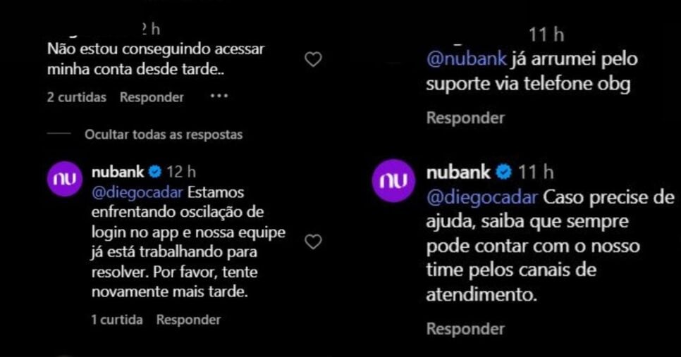 Reclamação respondida pelo Nubank nas redes sociais