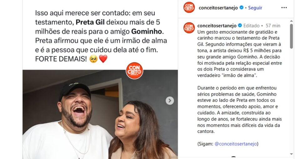 Perfil entrega abertura de testamento da cantora e fortuna deixada ao amigo de longa data (Foto: Reprodução/ Conceito Sertanejo/ Instagram)