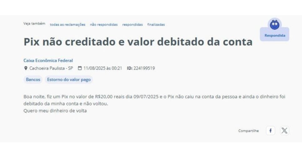 Reclamação feita pelo Reclame Aqui (Foto Reprodução/Reclame Aqui)