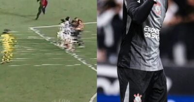 Torcedor invade jogo às pressas para dar chute em craque do Corinthians: “Meu Deus” (Foto: Reprodução/ X/ YouTube/ Instagram/ Montagem)
