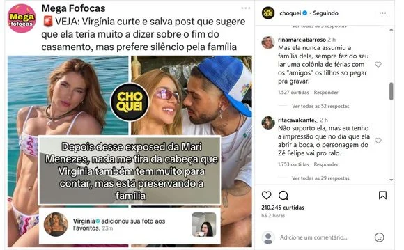 Virginia deixou curtida sugestiva sobre término com Zé Felipe (Foto: Reprodução/ Internet)