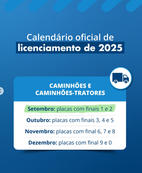 Se o seu veículo tem placas com finais 5 e 6 (passageiros, ônibus, reboque e semirreboque), setembro é o mês do licenciamento obrigatório - Foto: Instagram