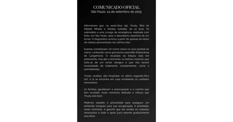 Comunicado sobre procedimento de Yhudy (Foto: Reprodução / Instagram)