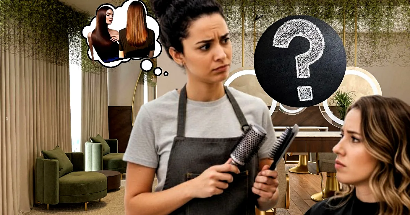 Ilustração de uma cabelereira em dúvida do que fazer no cabelo da cliente (Foto Reprodução/Montagem/Lennita/Tv Foco/Canva/GMN)