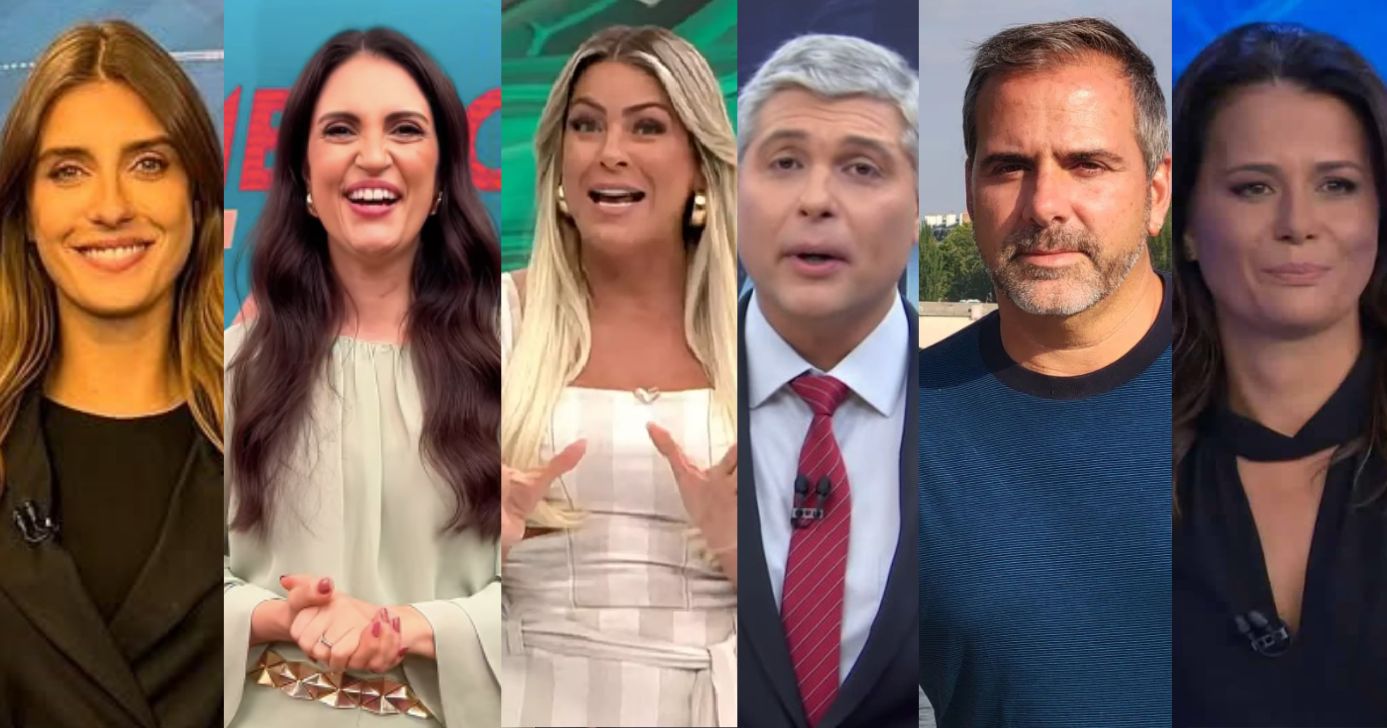 Joana Treptow, Chris Flores, Renata Fan, Joel Datena, Rodrigo Alvarez e Adriana Araújo (Fotos: Reproduções / Band/ Instagram)