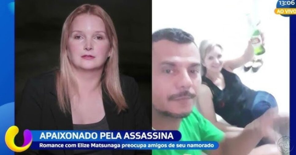 Imagem de Elize Matsunaga e novo namorado sendo exibida na TV Aratu (Foto Reprodução/Montagem/Tv Foco/YouTube)