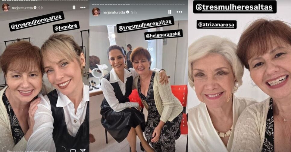 Stories de Narjara Turetta nos bastidores da peça "Três Mulheres Altas" (Foto Reprodução/Montagem/ Tv Foco/ Lennita/Instagram@NajaraTuretta Oficial/)