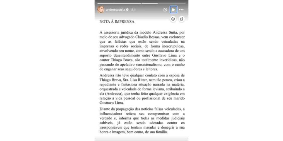 Nota de Andressa Suita (Foto: Reprodução / Instagram)