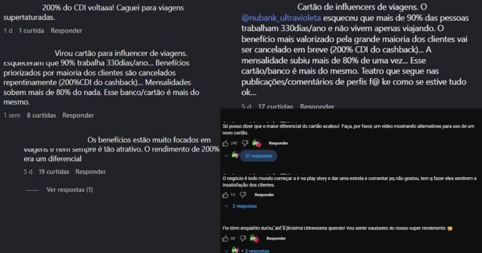 Clientes lamentando o fim dos 200% de CDI do Nubank (Foto Reprodução/Montagem/Lennita/Tv Foco/Canva/YouTube/IInstagram@Ultravioleta)