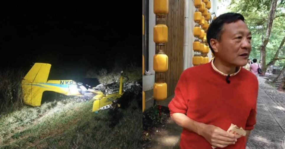 Destroços de avião e Kongjian Yu (Fotos: Reproduções / Globo)
