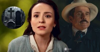 Ilustração de cemitério, Estela e Ernesto em Êta Mundo Melhor! (Foto: Reprodução / Globo / Montagem TV Foco)
