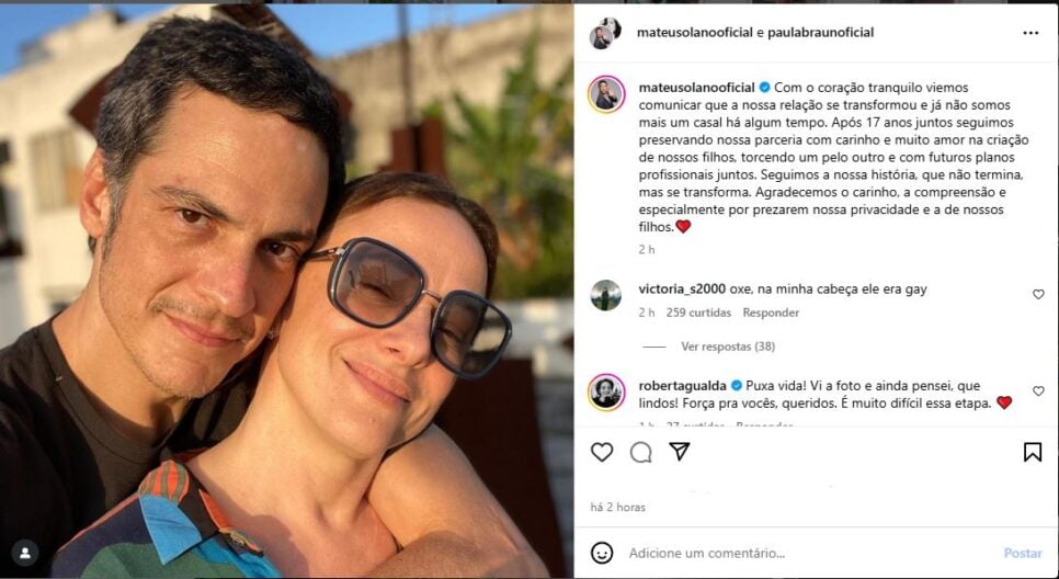 Mateus Solano anuncia fim do casamento com Paula Braun - Foto; Instagram