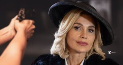 Ilustração de arma e Sandra em Êta Mundo Melhor! (Foto: Reprodução / Globo / Montagem TV Foco)
