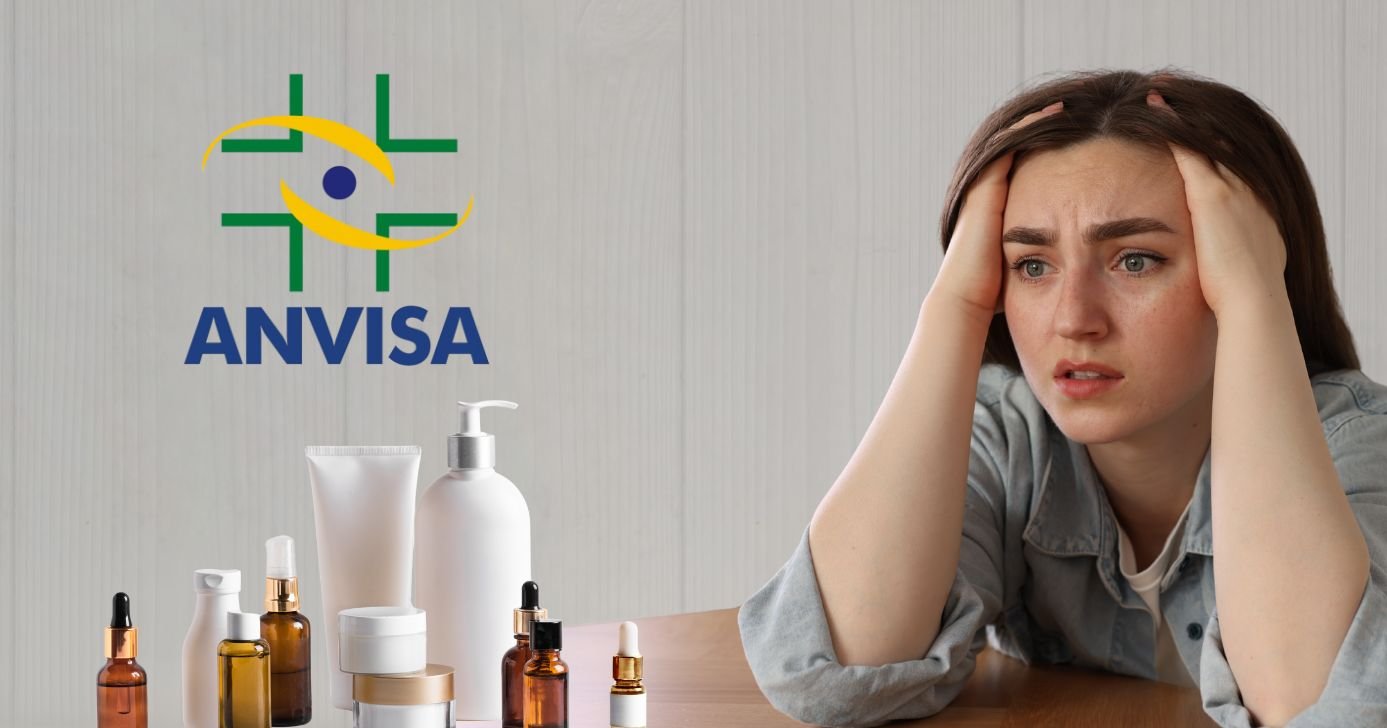 Anvisa, illustrações cosméticos e mulher assustada (Fotos: Reproduções / Internet / Canva)