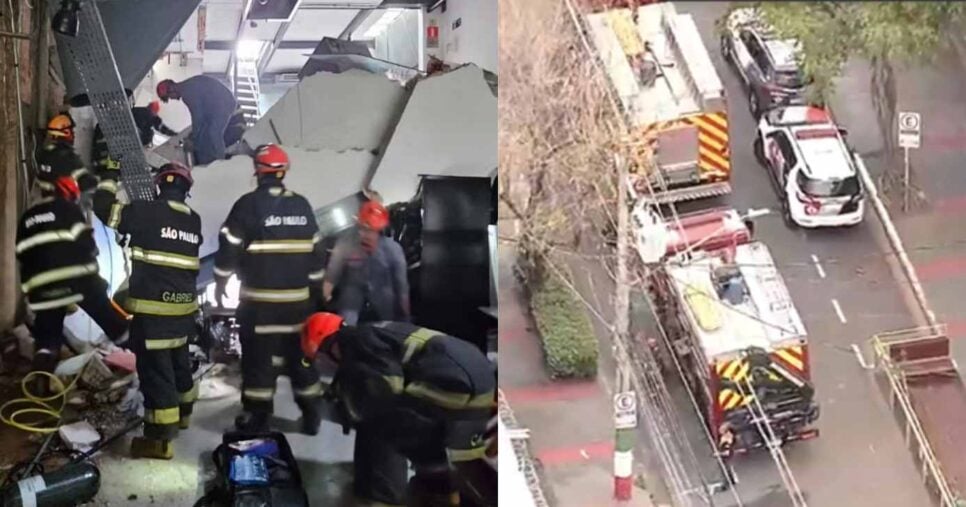 Bombeiros e rua do restaurante Jamile (Fotos: Reproduções / Corpo de Bombeiros de São Paulo / Globo)
