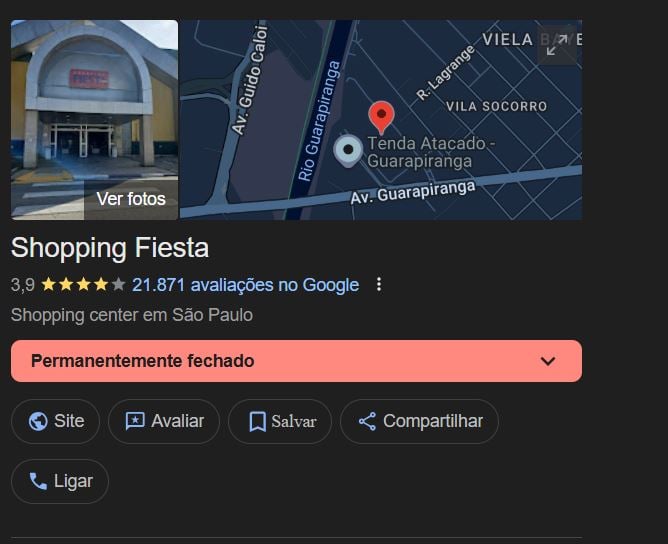 Shopping Fiesta já consta como encerrado no Google (Foto Reprodução/Maps)