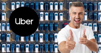 Carros, homem feliz e logo Uber (Fotos: Reproduções / Canva / Internet)