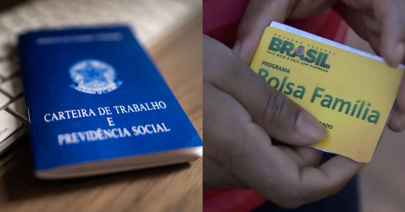 Carteira de trabalho e pessoa segurando cartão do Bolsa Família (Fotos: Reproduções / Canva / Globo)