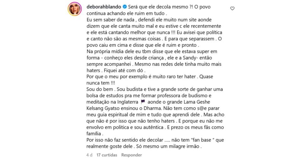 Comentário de Deborah Blando (Foto: Reprodução / Instagram)