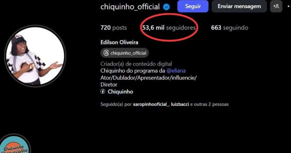 Edílson Oliveira conta com 53,6 mil seguidores na conta do seu personagem em perfil oficial (Foto Reprodução/Instagram/@chiquinho_official)