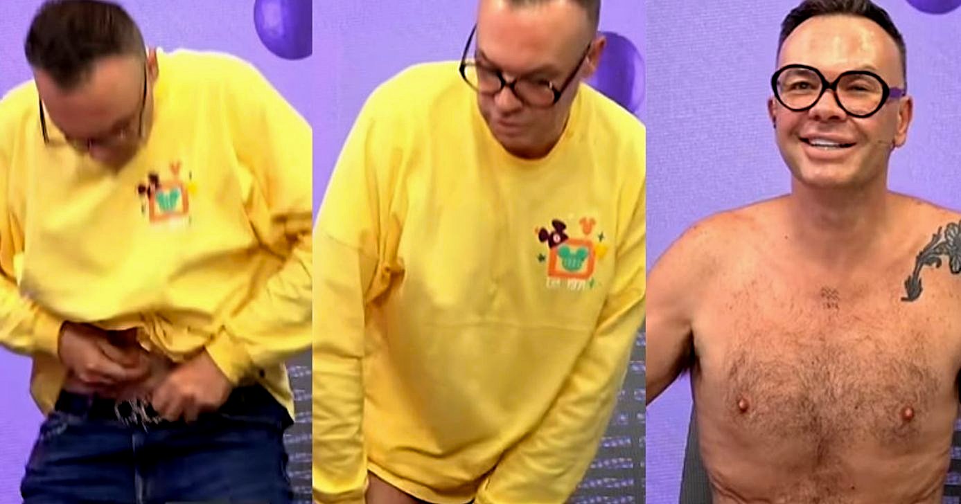 Felipeh Campos tem surto e tira as suas roupas ao vivo durante programa (Foto Reprodução/Montagem/Lennita/Tv Foco/YouTube/Fotor)