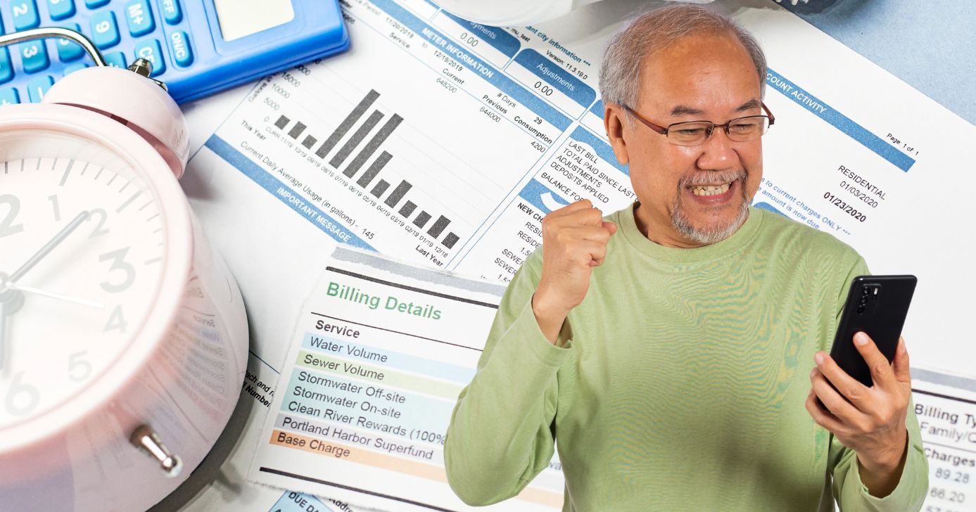 Ilustração contas e idoso (Fotos: Canva)