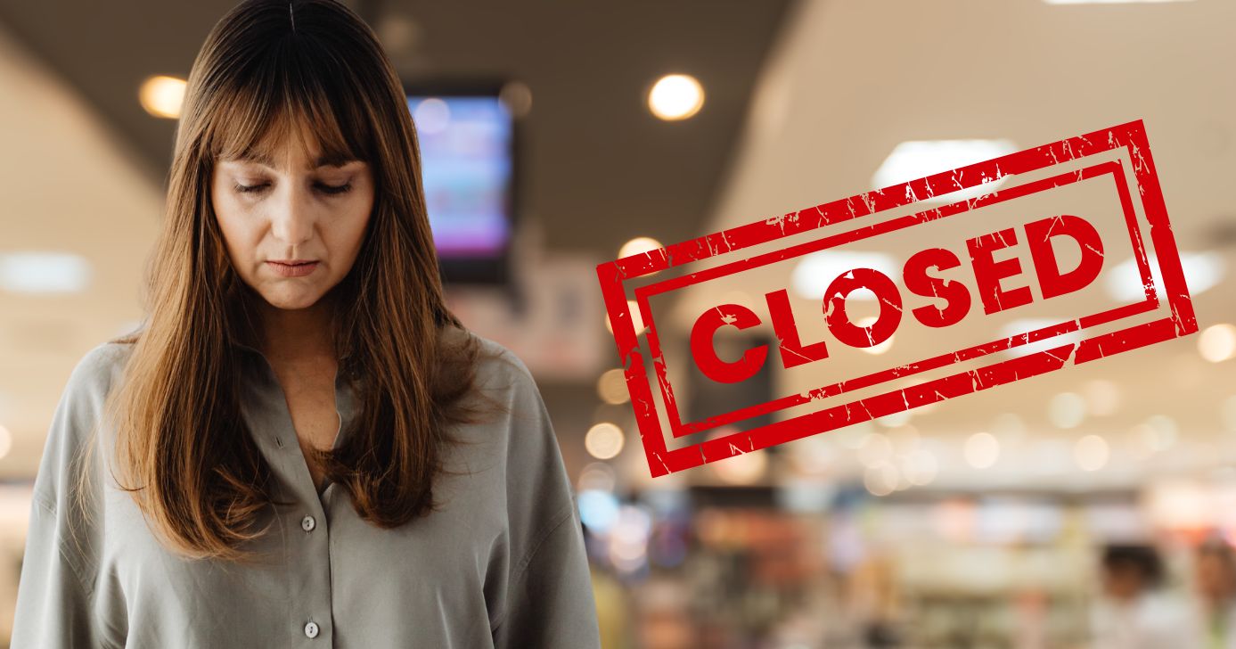 Ilustrações varejista fechada e mulher triste (Fotos: Canva)