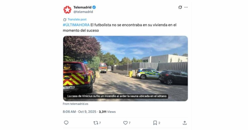Incêndio atinge mansão de Vini Jr. (Foto: Reprodução X, antigo Twitter)