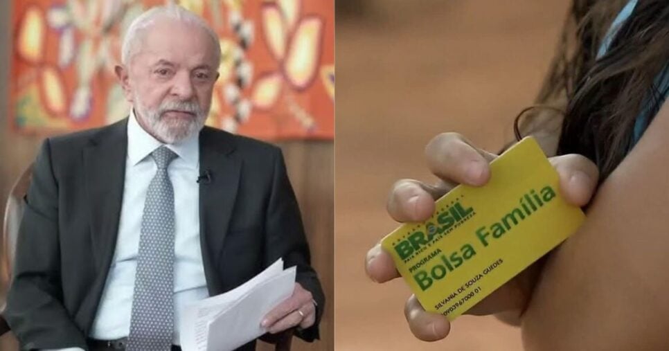 Luiz Inácio Lula da Silva e mulher segurando o cartão do Bolsa Família (Fotos: Reproduções / Globo)