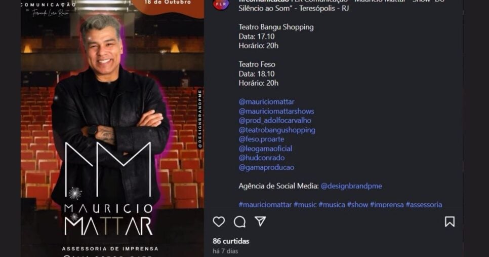Perfil nas redes sociais divulga os próximos shows de Maurício Mattar (Foto Reprodução/Montagem/TV Foco/Instagram @mauriciomattarshows)