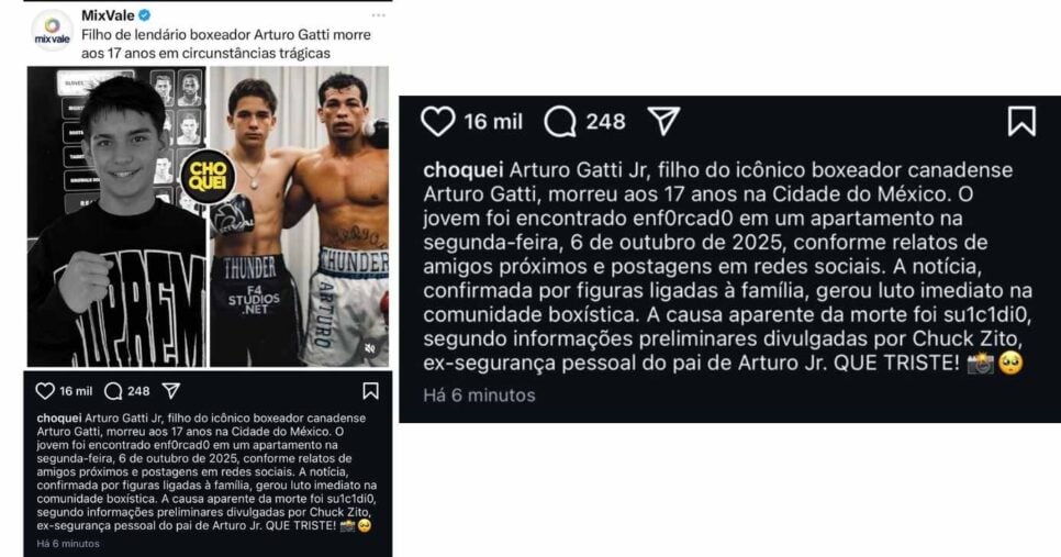 Notícia sobre a morte de Aturo Gatti Jr (Foto: Reprodução / Instagram)