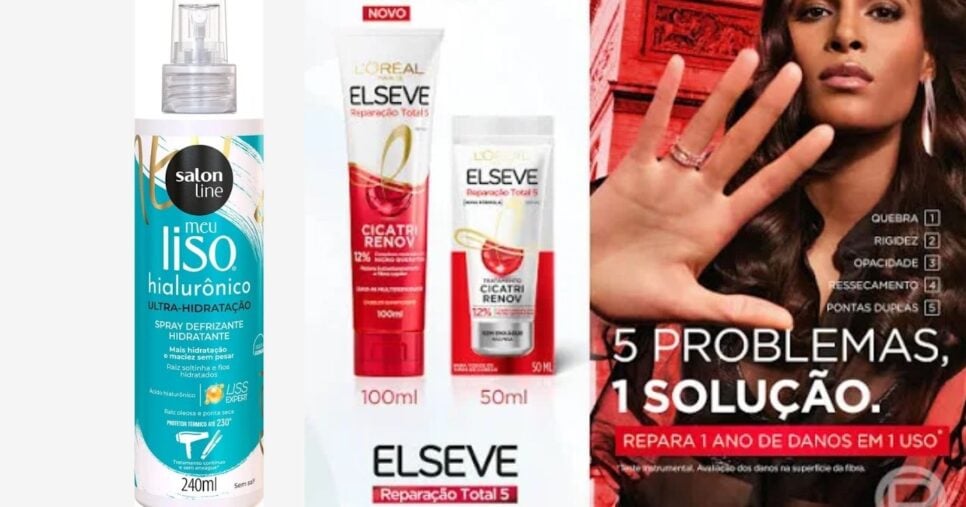 Salon Line Meu Liso Hialurônico Spray Defrizante /Leave In Elseve Cicatri Renov Total 5 (Foto: Reprodução/Montagem/Magazine Luíza/Droga Raia)