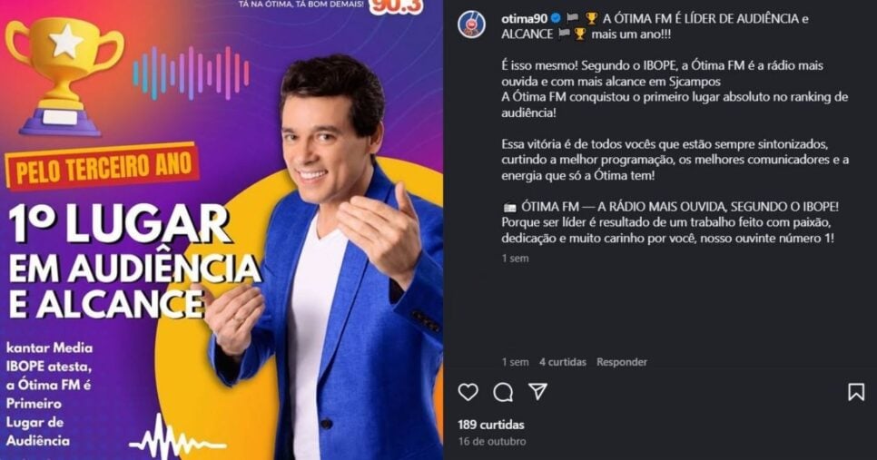 ÓtimaFM ganhou liderança de audiência neste mês de outubro (Foto Reprodução/Montagem/Lennita/TV Foco/Canva/Instagram@Otima90)
