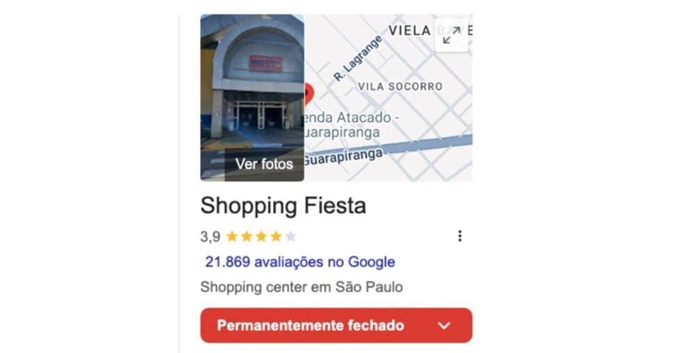 Shopping Fiesta consta como encerrado no Google (Foto Reprodução/Maps)