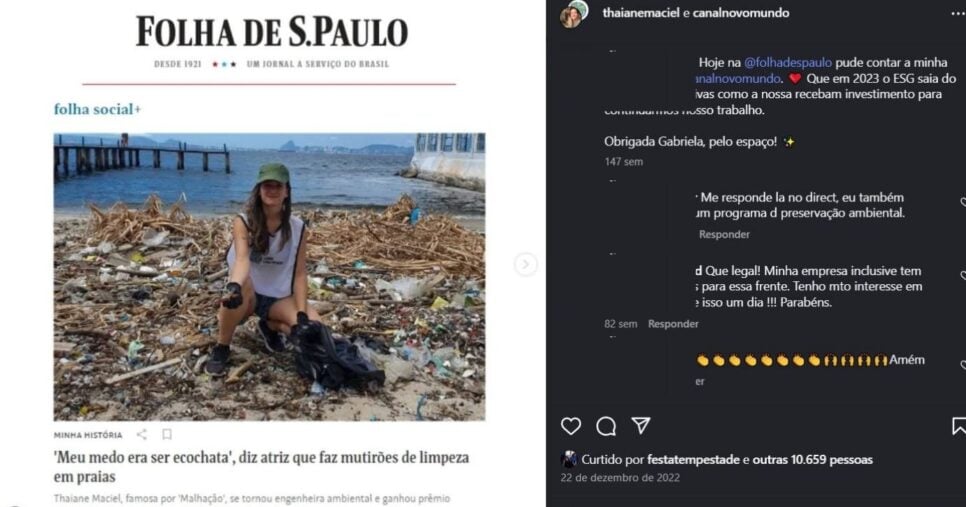 Thaiane Maciel em reportagem da Folha de S.Paulo em meio a coleta do lixo nas praias (Foto Reprodução/Montagem/TV Foco/Instagram/@thaianemaciel)