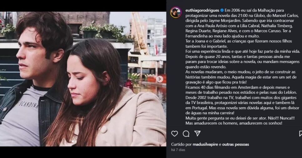 Publicação de Thiago Rodrigues sobre voltar a atuar (Foto Reprodução/Instagram@euthiagorodrigues)