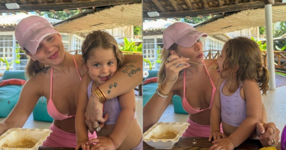 Virginia e Maria Flor comendo banana amassada com whey (Foto: Reprodução/ Internet)