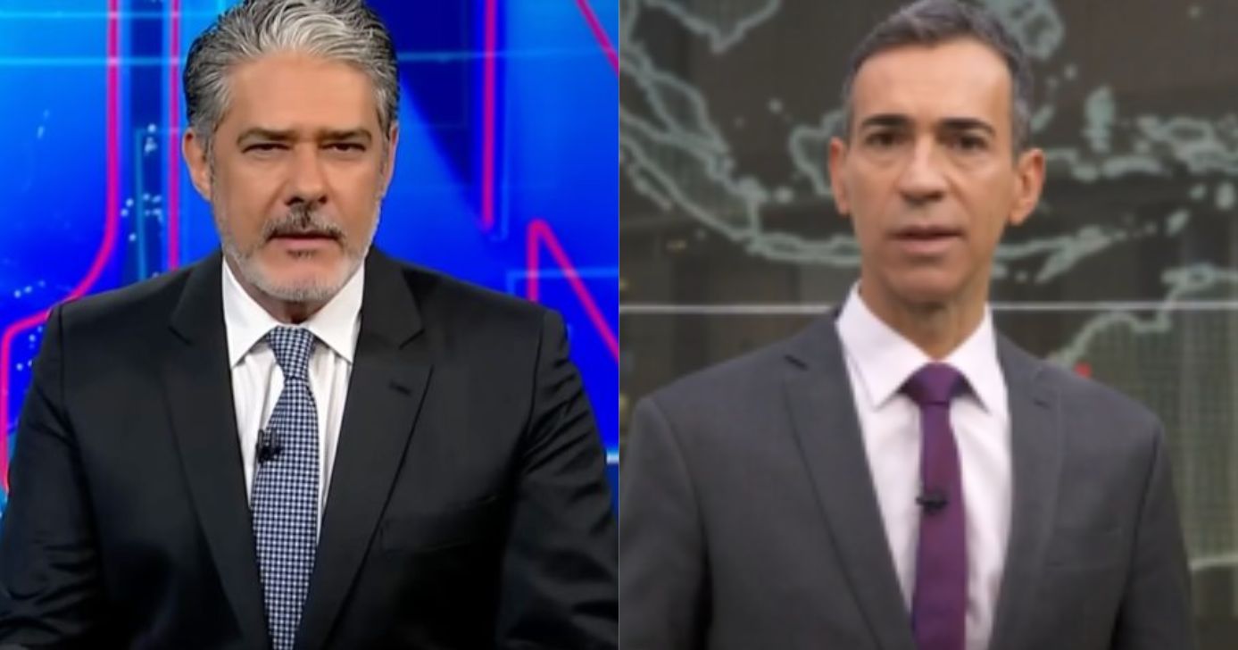William Bonner no Jornal Nacional e César Tralli no Jornal Hoje (Fotos: Reproduções / Globo)