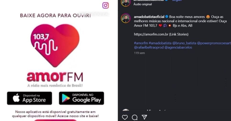 Anúncio da Amor FM antes de ser vendida em 2024 (Foto Reprodução/@amadobatistaoficial)