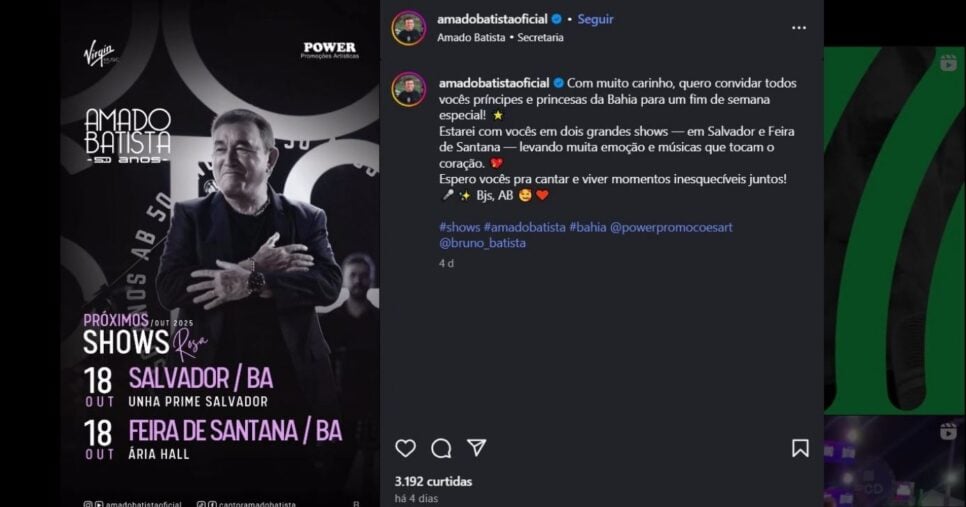 Amado Batista continua realizando shows em 2025 (Foto Reprodução/@amadobatistaoficial)