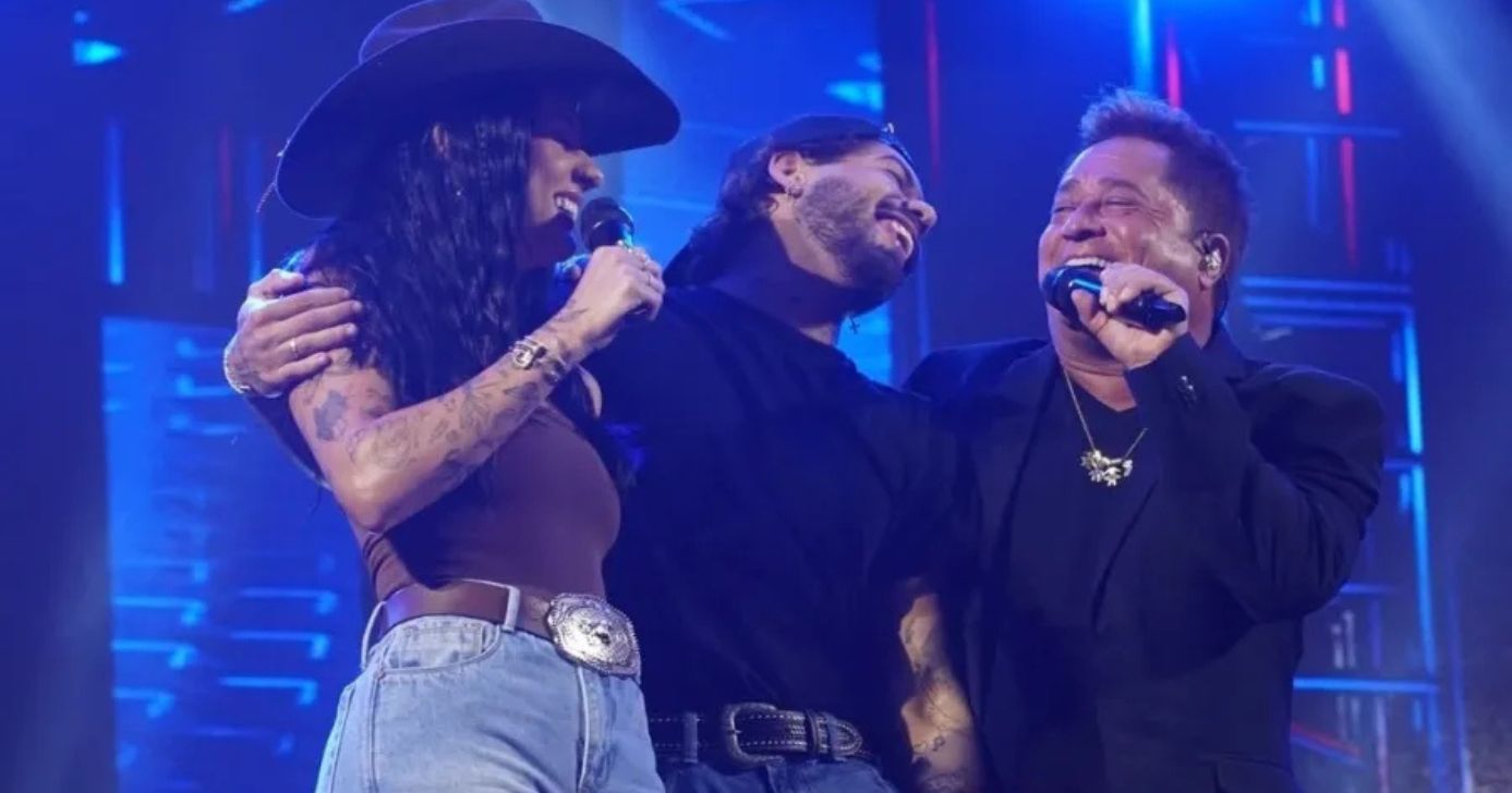 Ana Castela, Zé Felipe e Leonardo durante show no Paraná (Foto: Reprodução/ Internet)