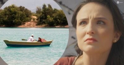 Estela e Ernesto em lago em Êta Mundo Melhor! (Foto: Reprodução / Globo / Montagem TV Foco)