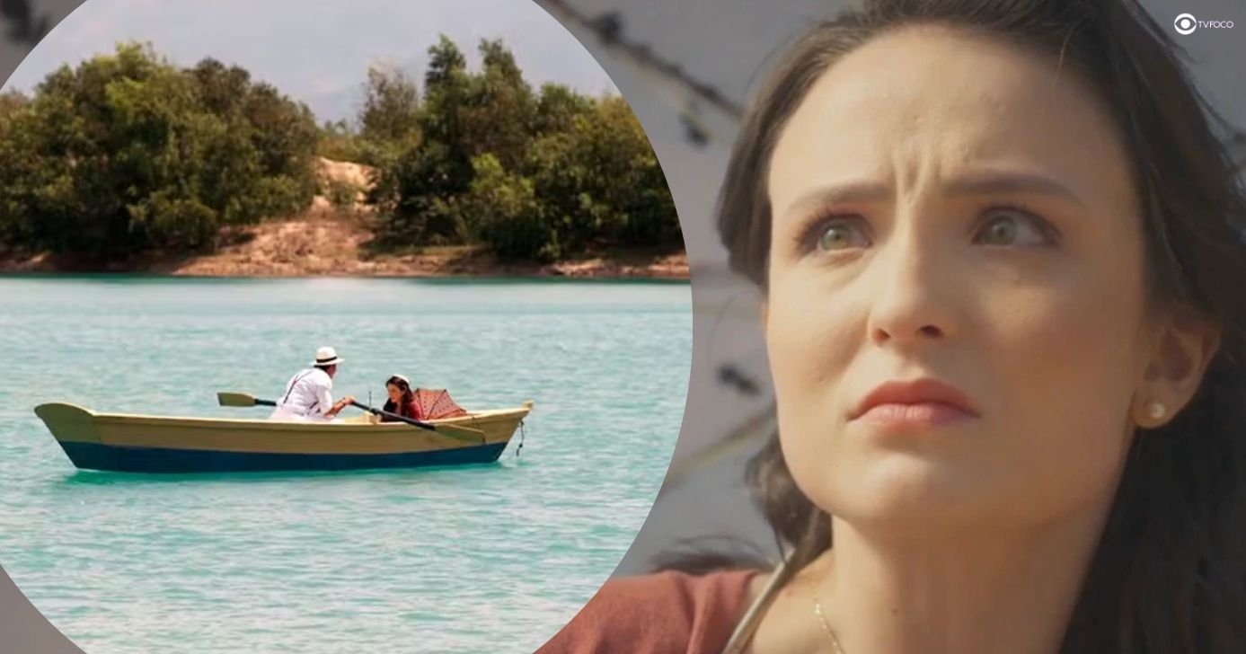 Estela e Ernesto em lago em Êta Mundo Melhor! (Foto: Reprodução / Globo / Montagem TV Foco)