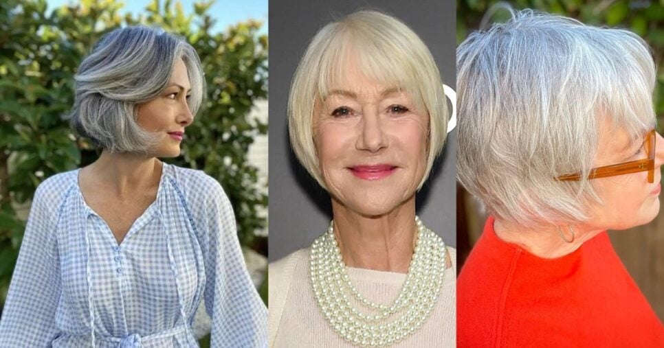 French Bob em cabelos brancos e grisalhos (Foto Reprodução/Montagem/Lennita/TV Foco/Pinterest)